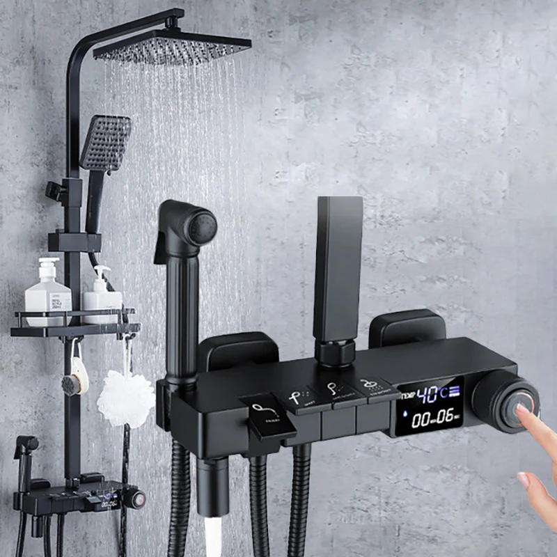 Imagem -02 - Imprensa Punho do Sistema de Chuveiro Digital Qualidade Latão Banheiro Mixer Torneira Chuva Cabeça Chuveiro Branco Ouro Piano Termostática Chuveiro Conjunto