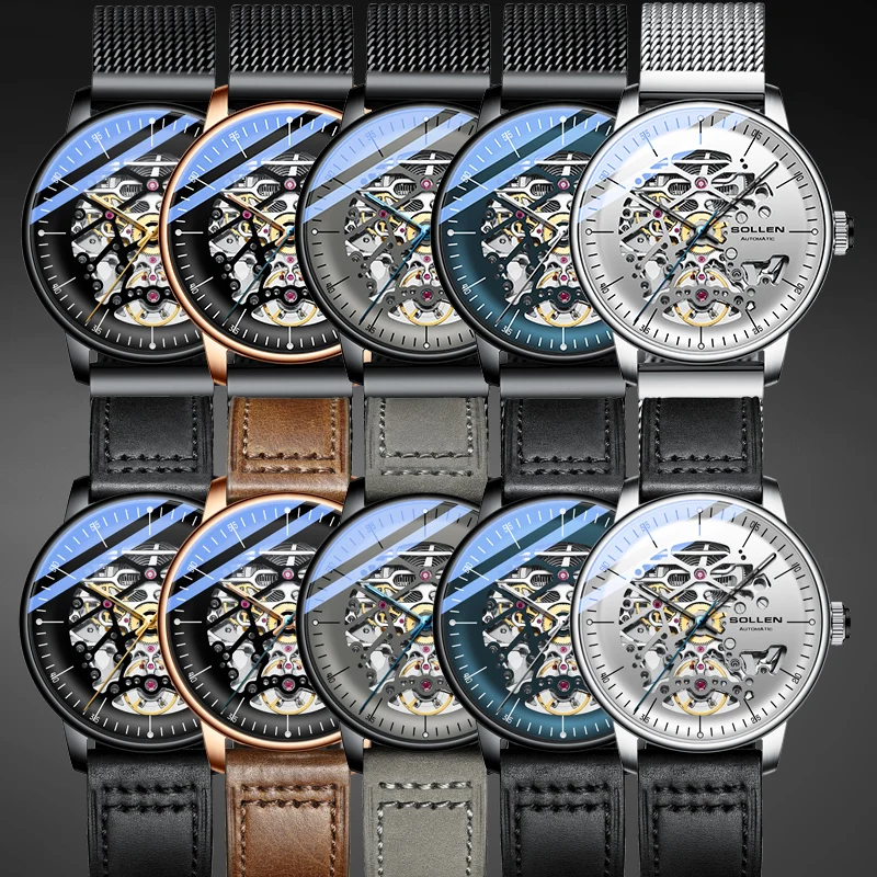 Luxury Brand Switzerland SOLLEN Japan Automatic Mechanical Men\'s Watches Sapphire Waterproof Dual Skeleton Luminous Clocks SL202