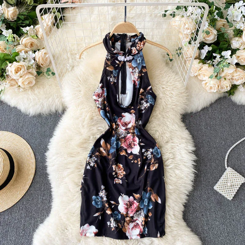 Vintage Printed Sleeveless Bodycon Dress Office Lady Work Dress Slim Pencil Dress Formal Party Dress Summer Sexy Club Dress