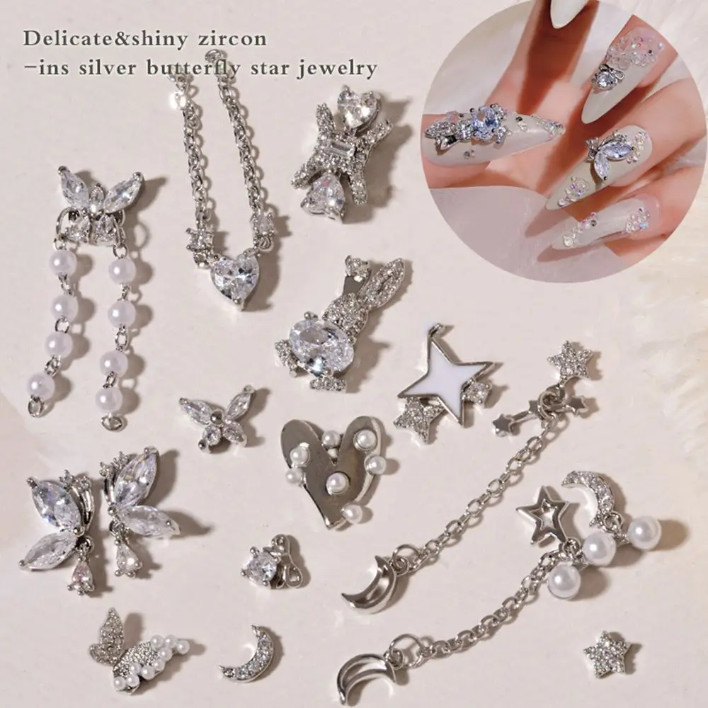 Butterfly Rhinestone Jewelry Silver Nail Art Zircon Star Moon Love Pearl Rabbit Chain Nail Art Decoration