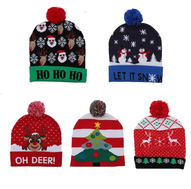 

Led Christmas Knitted Hat Xmas Light-up Beanies Hats Outdoor Light Pompon Ball Ski Cap For Santa Snowman Reindeer Christmas Tree