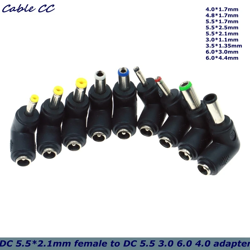 Złącze zasilania DC 90 stopni 5,5x2,1 żeńskie do 5,5*2,5 5,5*2,1 5,5*1,7 4,8*1,7 4,0*1,7 3,5*1,35 3,0*1,1 6,3*3,0 6,0*4,4 mm męskie