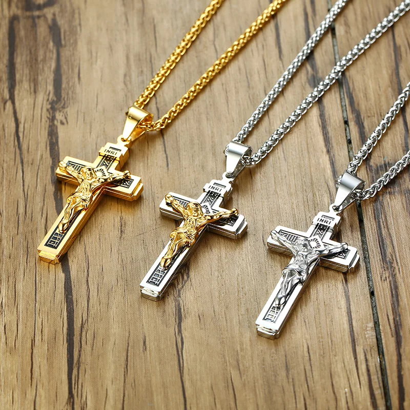 Stainless Steel Jesus Cross Pendant Necklace Men's Crucifix Eastern Orthodox Pendant Chain Necklace Jewelry