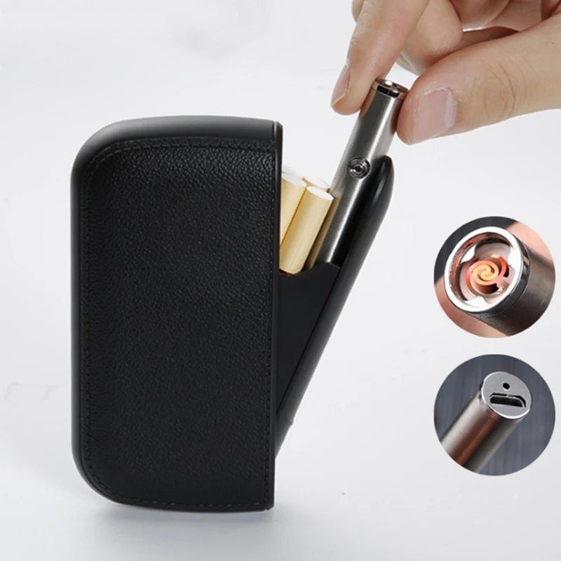 

New USB Leather Cigarette Case Holder With Charging Windproof Lighter Fit 8/10cm Cigarette Box Men Gift