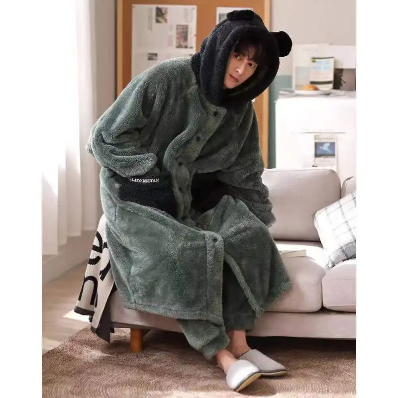 Coral Fleece Nightgown Men\'s Winter Plus Size Nightgown Suit Thicken Warm Bathrobe Fashion Male Pajama Set Robes Sets