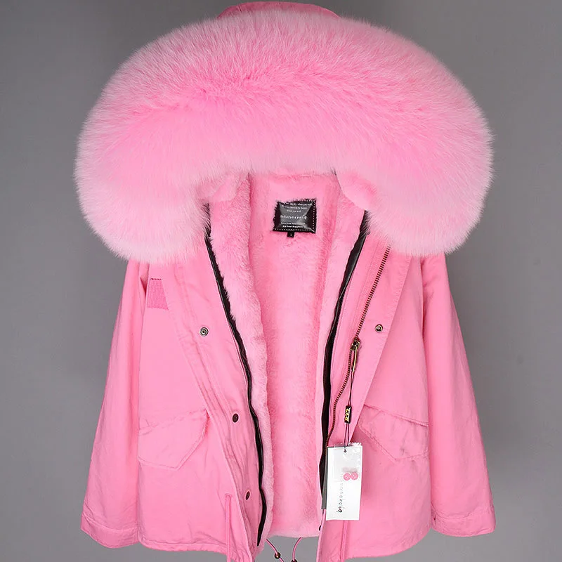 

2022 Real Fur Coat Red Fox Fur Collar Faux Fur Liner Camouflage Pink Short Coat Women Brand Parka Fashion New Winter Jacket