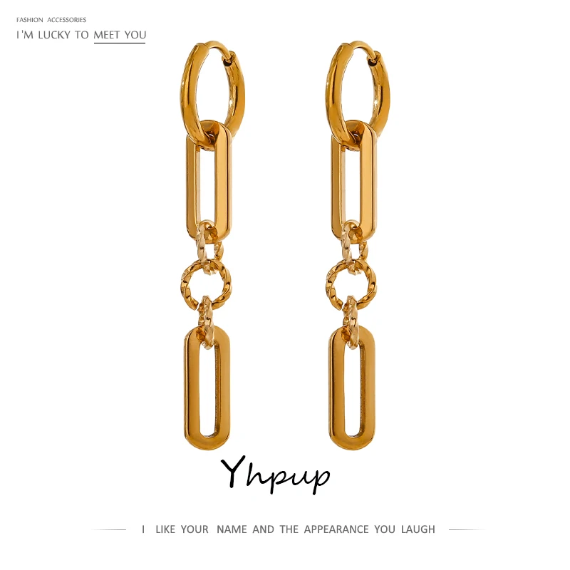 Yhpup High Quality Stainless Steel Metal Geometric Dangle Earrings Chic Gold Color Texture Long Earrings Jewelry Anniversary New