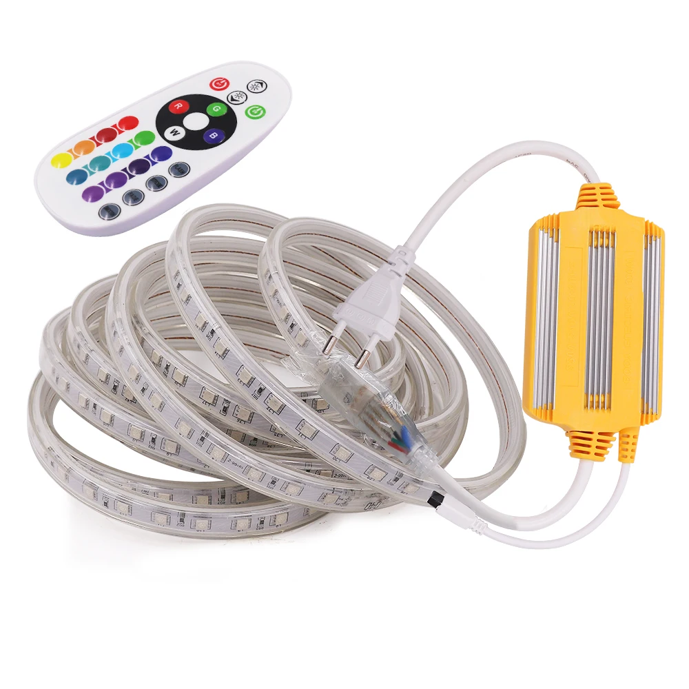 AC 220V RGB LED Strip Light Flexible LED Tape SMD5050 60LEDs/M Waterproof LED Ribbon with 1500W IR Remote Controller EU Plug