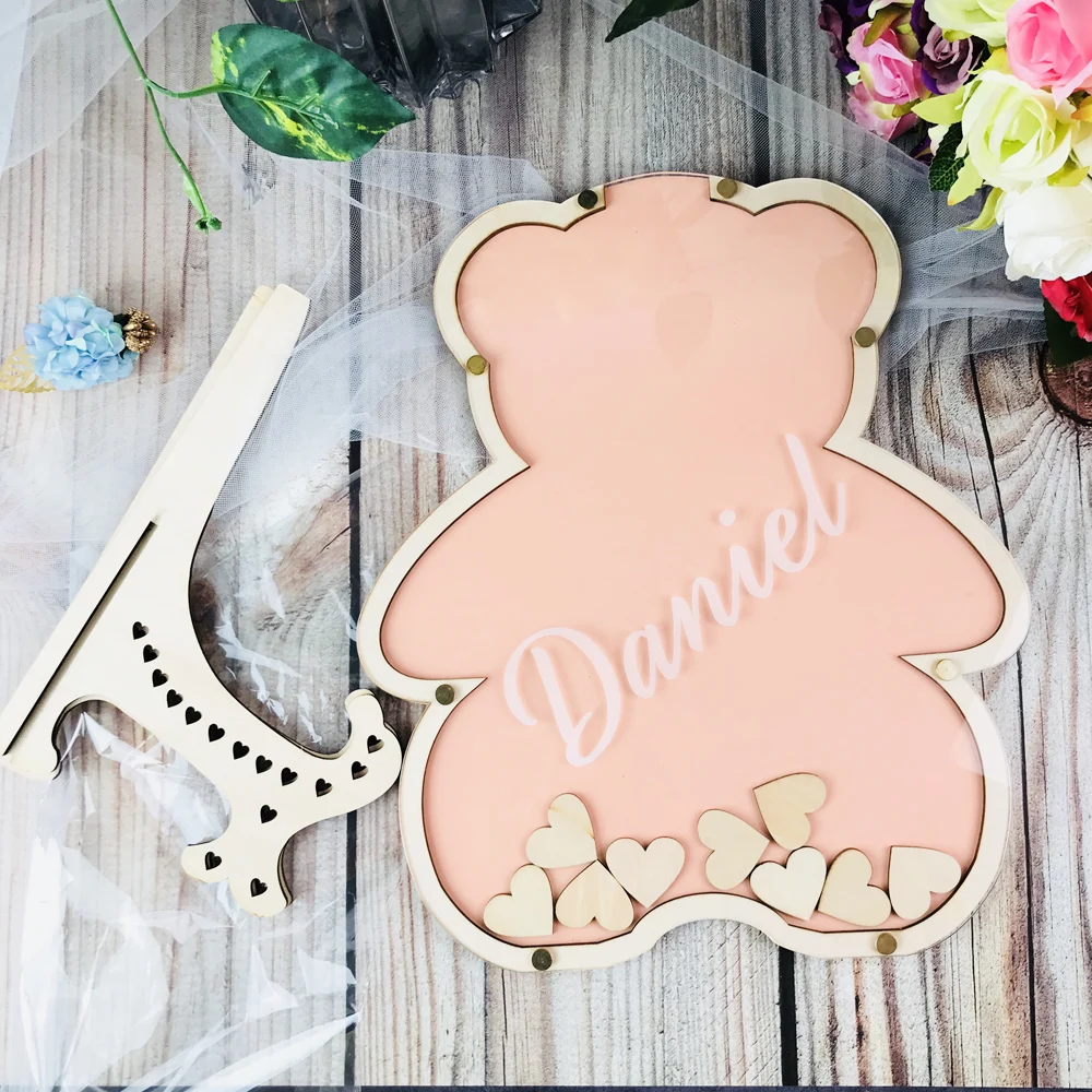 Niestandardowa księga gości Baby Shower Niedźwiedź życzenia przysięgi chrztu Księga gości drewniana niedźwiedź urodziny dziecka księga gości
