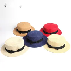 2019 Parent-child wholesale sun flat straw hat boater hat girls bow summer Hats For Women kid and Beach flat panama straw hat