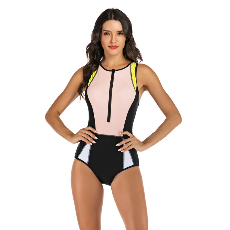 Women\'s UV Protection Surfing Swimsuit Swimwear Bathing Suits Wireless Zip up Front Color Block Rash Guards