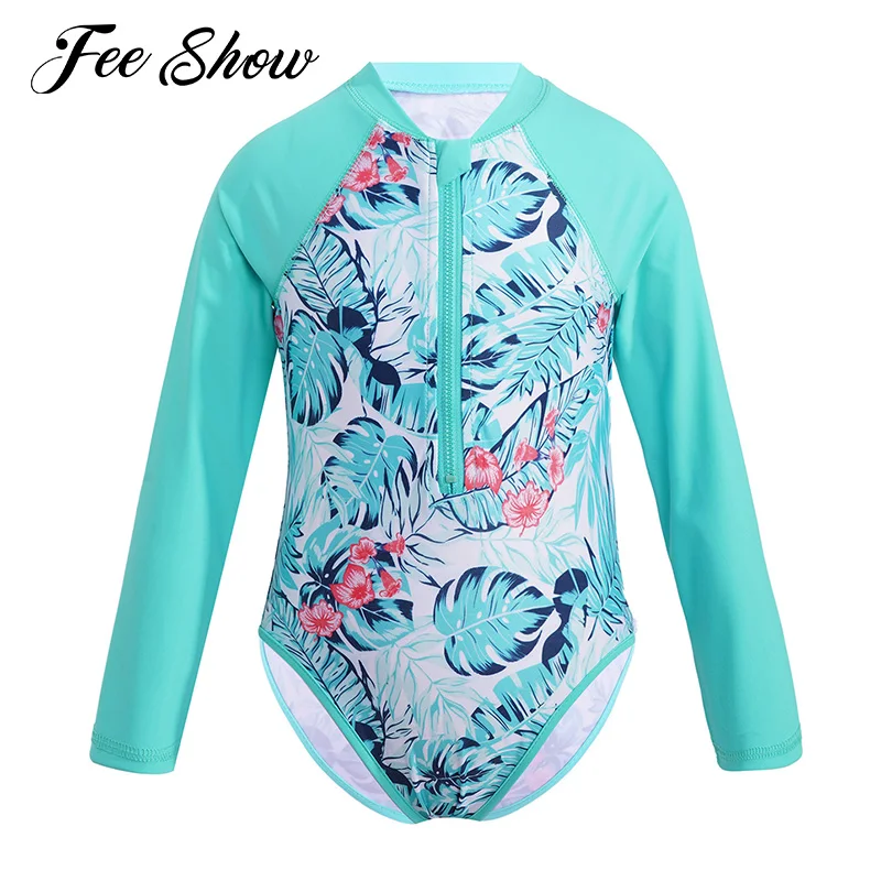 Girls\' swimsuits Swimwear One piece front Zipper Long Sleeve Swimsuit for Kids Bathing Suits Brazilian Beachwear Rash Guards