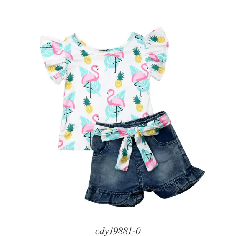 2pcs Clothes Set Toddler Baby Girls Flamingo Print Floral Watermelon Tops T-shirt Denim Jeans Shorts Pants Kids Outfits