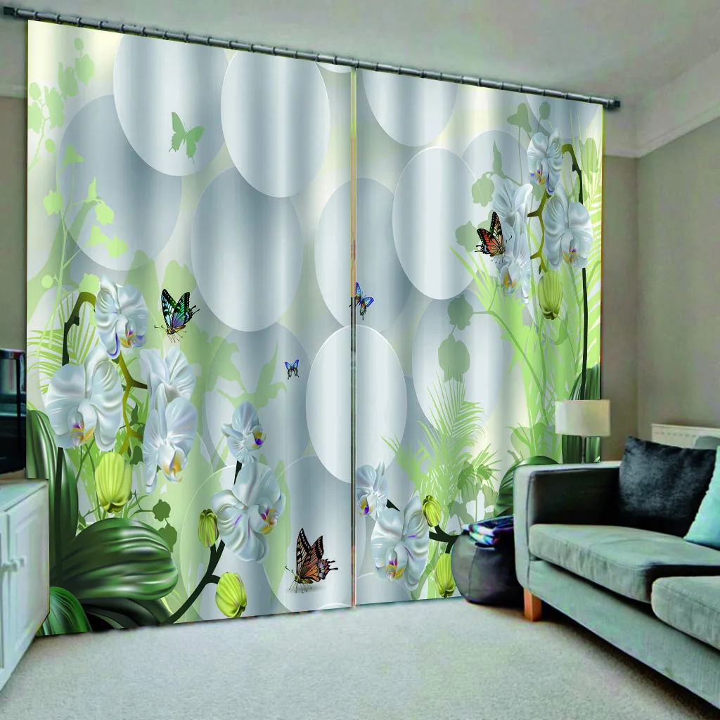 

High quality custom 3d curtain fabric stereoscopic curtains white flower butterfly green blackout curtains