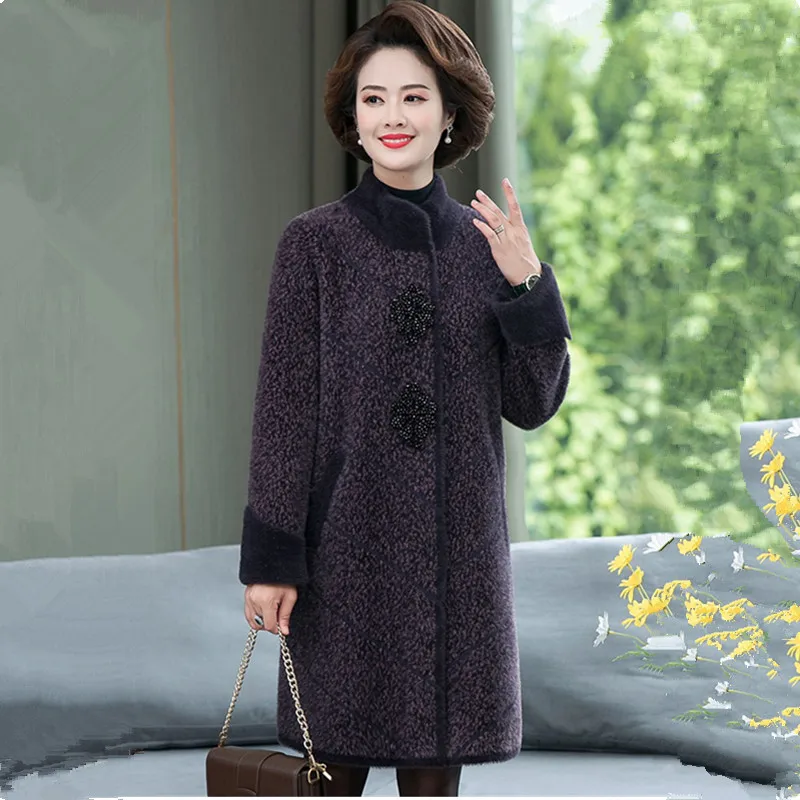 UHYTGF Autumn Winter Coat Women Quality Mink Fleece Casual Female Woolen Jacket Mid-Length Loose 6XL Big Size Outerwear 1075