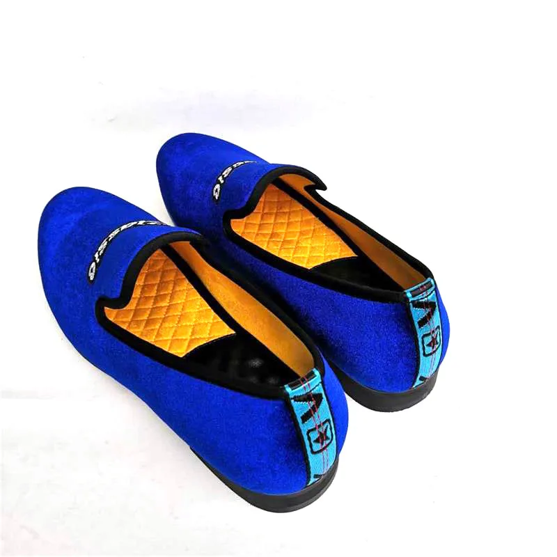 Men Classics Loafers Moccasins Blue Velvet Dress Shoes Wedding Party Flats Smoking Slippers Casual Shoes Fashion