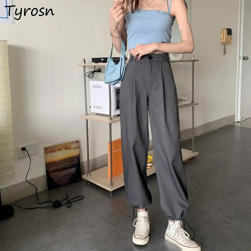 

Solid Pants Women All-match Tender Female Loose High Waist Button Fly Chic New Daily Ulzzang Harajuku Casual Trousers Simple Ins