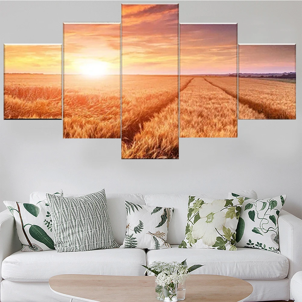 

5 Pieces Wall Art Canvas Painting Sunset Paddy Harvest Landscape Poster Home Decoration Pictures Living Room Modular Framework