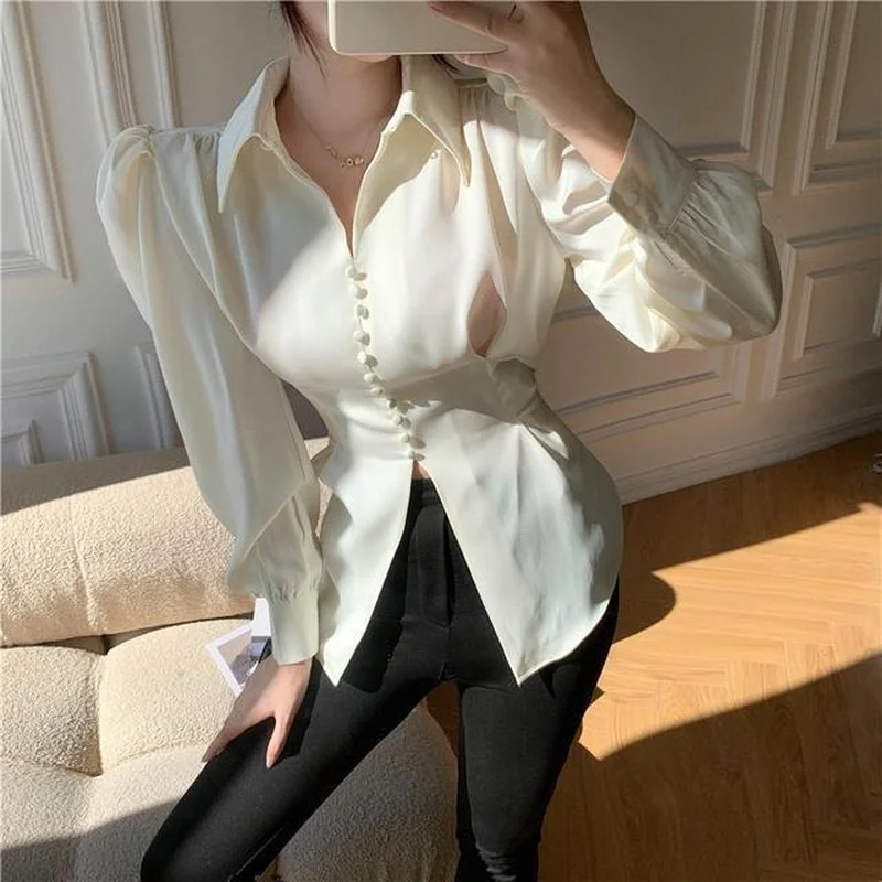 Shirts Women Vintage Fashion Design Puff Sleeve Sexy Split Spring Autumn Harajuku Elegant Office Lady Casual Tunic College Retro