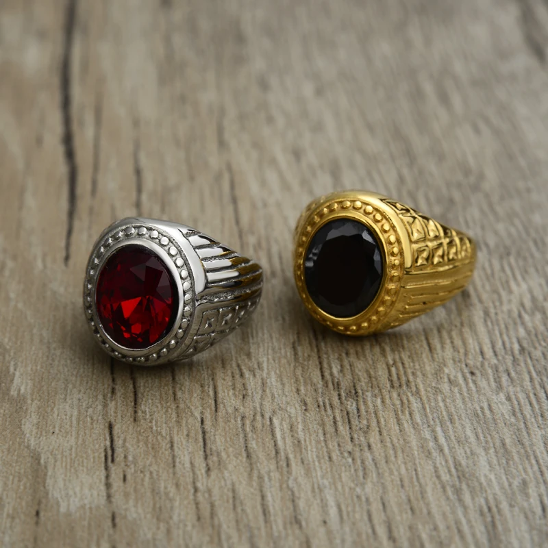 Men Stainless Steel Ring Vintage Gold Color Red/Black Crystal Ring Fashion Party Male Rings Jewelry