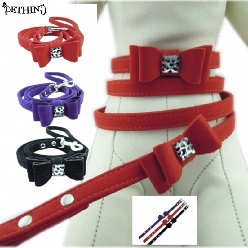 One Collar+Leash Cute Bow Ornaments Puppy Collar Leash Set Flocking Cloth Pet Dog Collar Dog Leashes For Small Dog S M