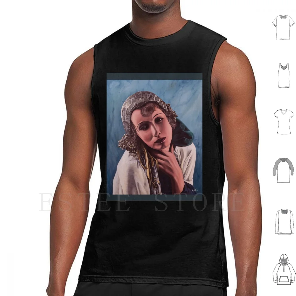 Oil On Canvas-Greta Garbo Tank Tops Vest Greta Garbo Oil On Portrait Vintage Rmv Realistic