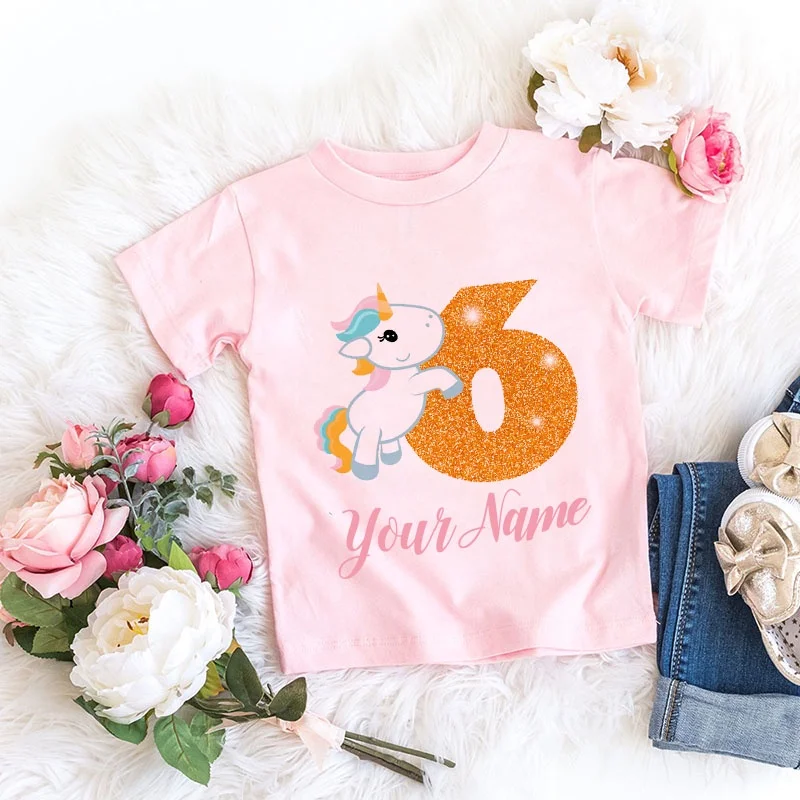 Custom Name Birthday T Shirt Cute Unicorn Number 1-9 Cartoon Girls T-shirt Summer Baby Children Tops Kids Kawaii T Shirt Clothes