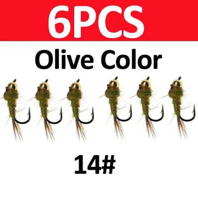 6 stuks # 14 Brass Bead Head Hare's Ear Nymph Fly Snel Zinkende Natuurlijke Fazantenstaart Natte Vliegen Forel Baars Grijze Vlieg Vliegvis Aas