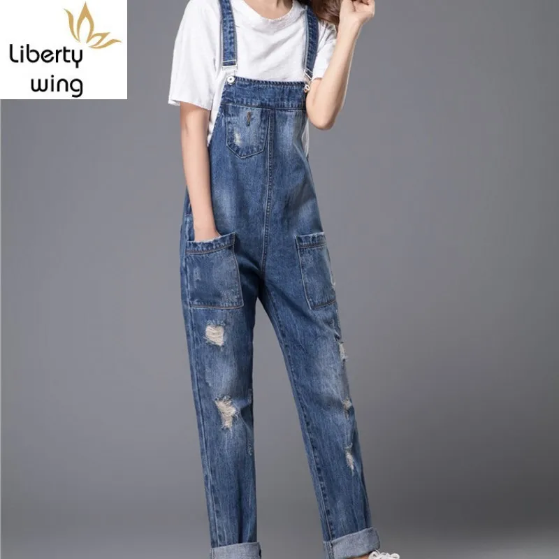 Donne più di Formato pantaloni Larghi del Piedino Allentato Strappato Denim Tute E Salopette Europa Tuta Fidanzato Foro Tasche Dei Jeans Pagliaccetto Blu S M Xl 3Xl 5Xl 6Xl