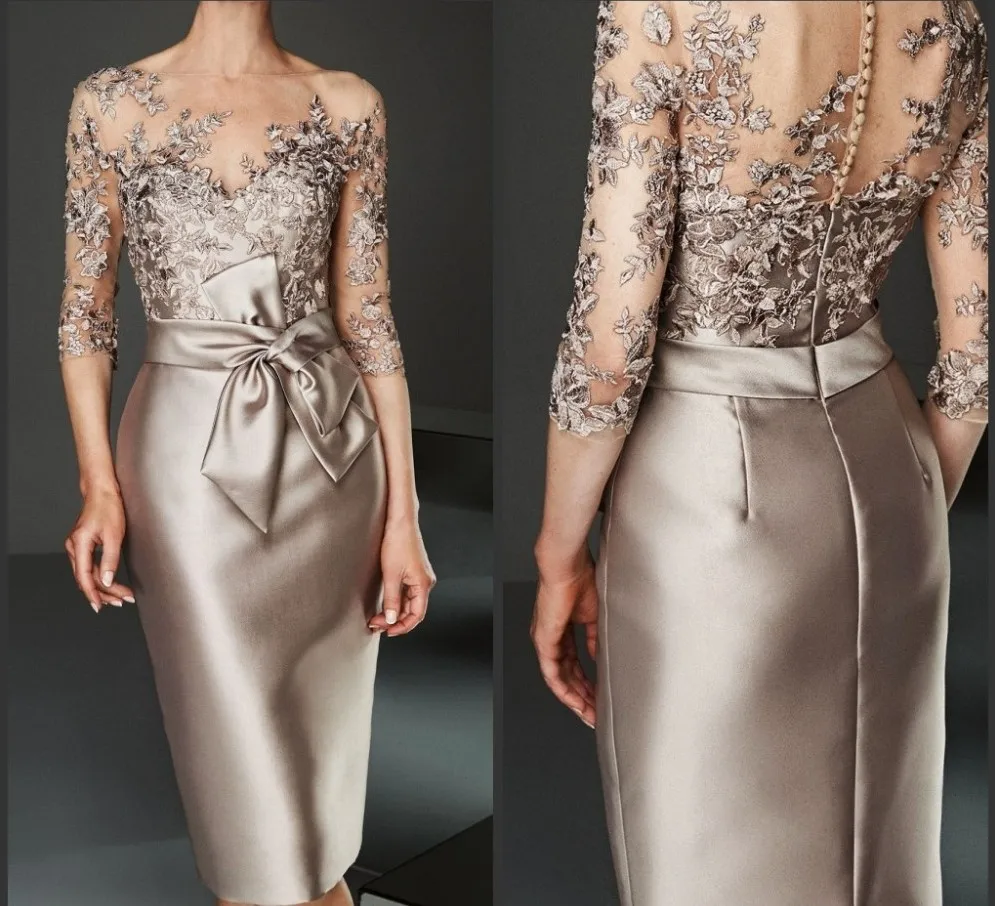 Champagner Spitze Appliqued Mantel Mutter Der Braut Kleid Plus Größe 3/4 Lange Ärmeln Knie-Länge Formale Hochzeit Gast kleider