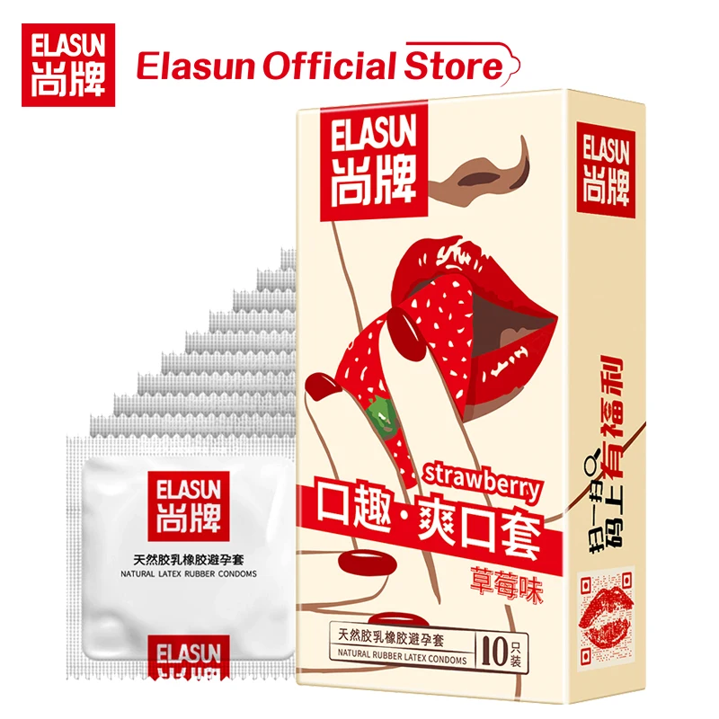 Elasun Oral Sex Condom 10Pcs/Box Strawberry Flavor Penis Sleeve Natural Latex Women Mouth Blowjob for Adults Sex Toy New Arrival