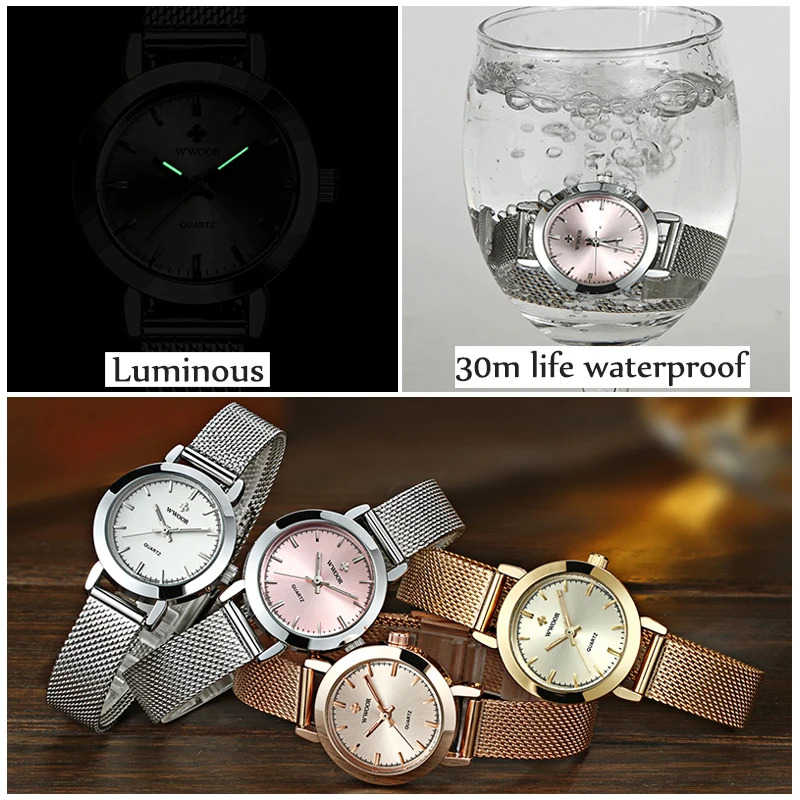 WWOOR Ladies Watches 2024 Top Brand Luxury Stainless Steel Mesh Band Gold Dress Watch Women Fashion Small Wristwatch Reloj Mujer