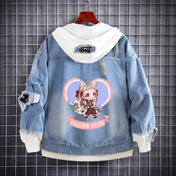 Janpanese Anime Cosplay Hoddies Light Blue Denim Jacket Streetwear Hip Hop Hooded Jean Jackets Outwear Coat Boys Girls