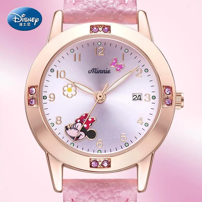 Disnehy Minnie Mouse Kalender Mewah Perhiasan Kristal Bling Jam Tangan Kuarsa Wanita Wanita Anak Jam Tangan Siswa Anak-anak Hadiah Jam