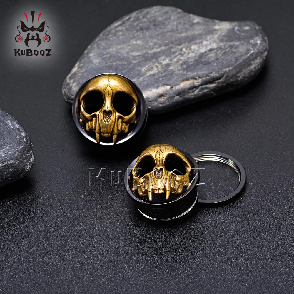 KUBOOZ Trendy Stainless Steel Skull Ear Tunnels Expanders Body Jewelry Piercing Earring Gauges Stretchers 2PCS