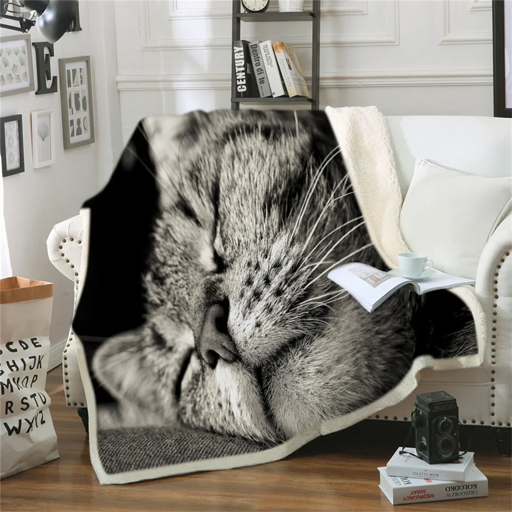 

Cat Throw Blanket on Bed 3D Animal Plush Sherpa Blanket Siamese Bedspreads Gray Cat Fur Thin Quilt