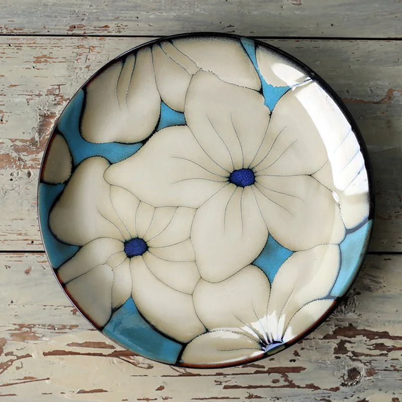 American Ceramic Tableware with Flowers Under Glaze, Porcelain Plate, Steak Plate, Kitchen Dishes, Breakfast Dessert Tray, 1 PC