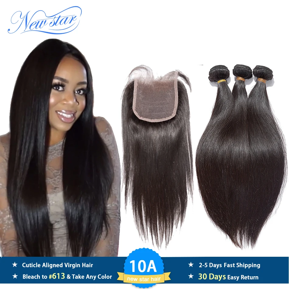 

Brazilian Straight Virgin Hair 3 Bundles Human Hair Weaving With Closure 11A New Star Cuticle Aligned Raw Hair Weave And Closure