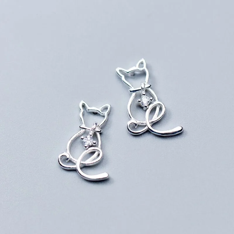 100% 925 Sterling Silver Korean Crystal Animlas Cat Stud Earrings For Women 2020 Kids Wedding Gift Female pendientes