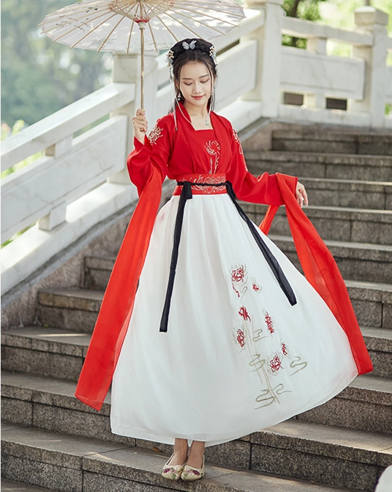 

red Hanfu women Chinese hanfu dress elegant daily student black hanfu collar Wei Jin costume blossom widesleeve chinese skirt