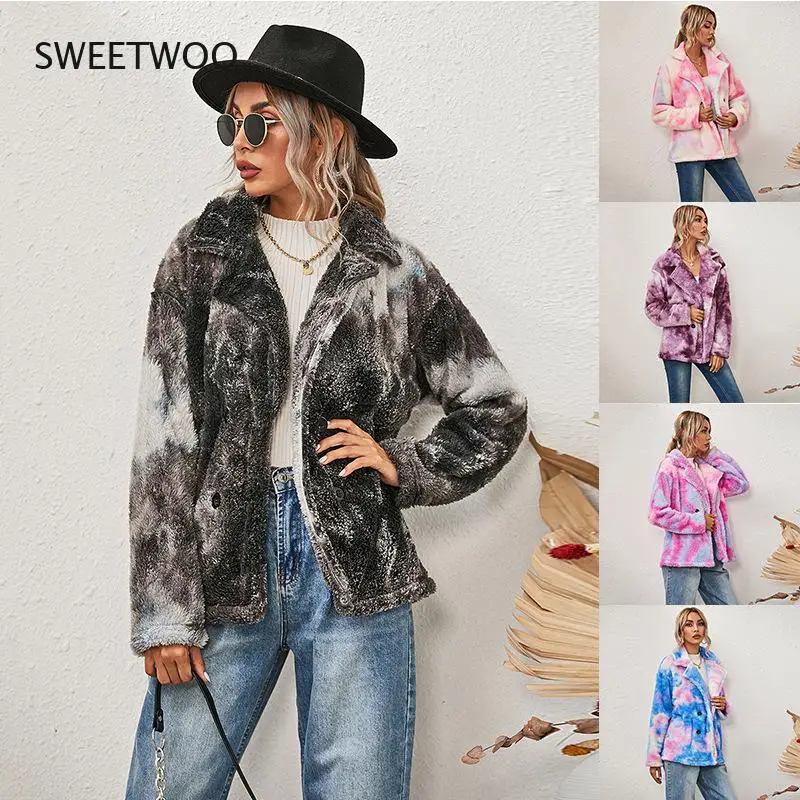 2021 European and American Winter Jacket Women's Tie-Dye Printing Double-Sided Plush Long-Sleeved Double-Breasted Padded Jacket