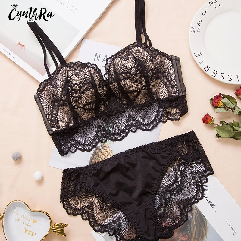 Underwear Sexy Women Set Wire Free Push Up Bras Lace Breathable Soild Bra and Panty Femme Adjust Lingerie Set