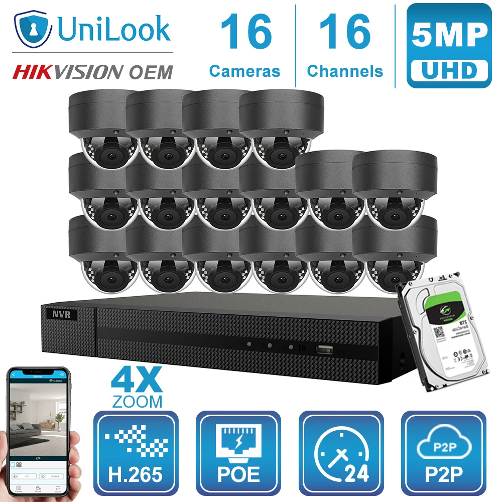 

UniLook 16CH NVR 8/10/12/16 шт. серая 5MP 4X купольная POE ip-камера Hikvision OEM H.265 охранная наружная CCTV NVR наборы с HDD