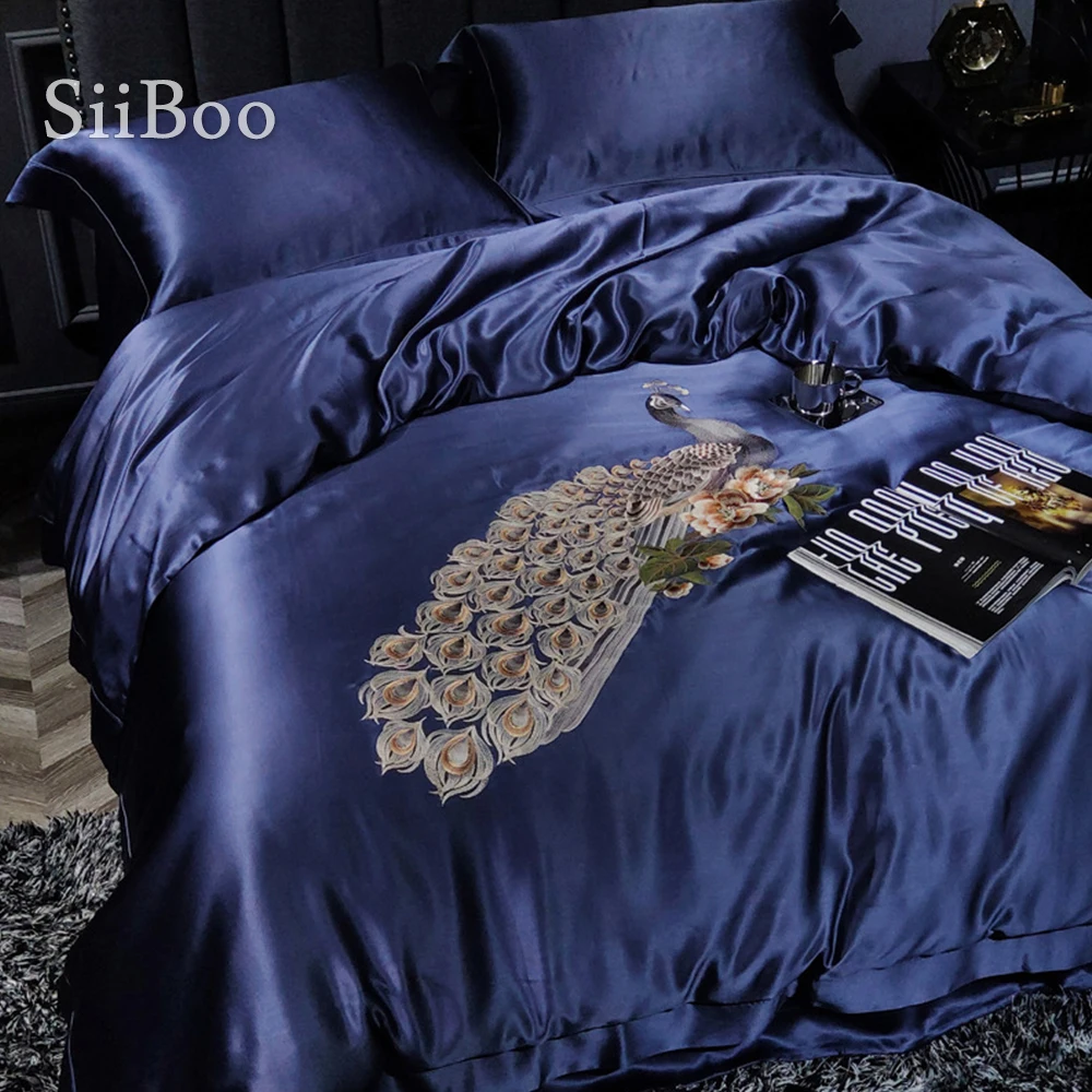 Siiboo super luxurious Italy style peacock embriodery on 25mm pure natural silk duvet bedding set top grade gift sp6480