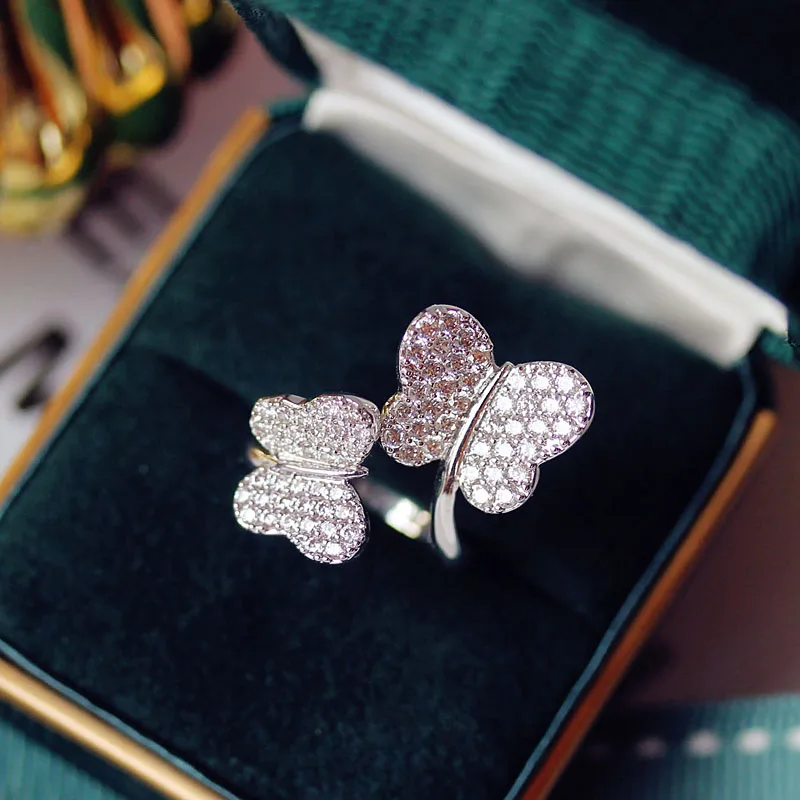 Trendy Double Two Butterfly Resizable Ring White Gold Color Simple Sweet Full CZ Stone Pave Setting Decorate Anel Feminino