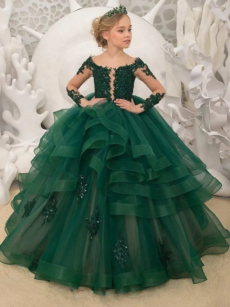 Robe de soirée en tulle et dentelle pour filles, robes de première communion pour enfants, appliques de perles, longue robe de demoiselle d'honneur, fête de reconstitution historique, vert, 2024