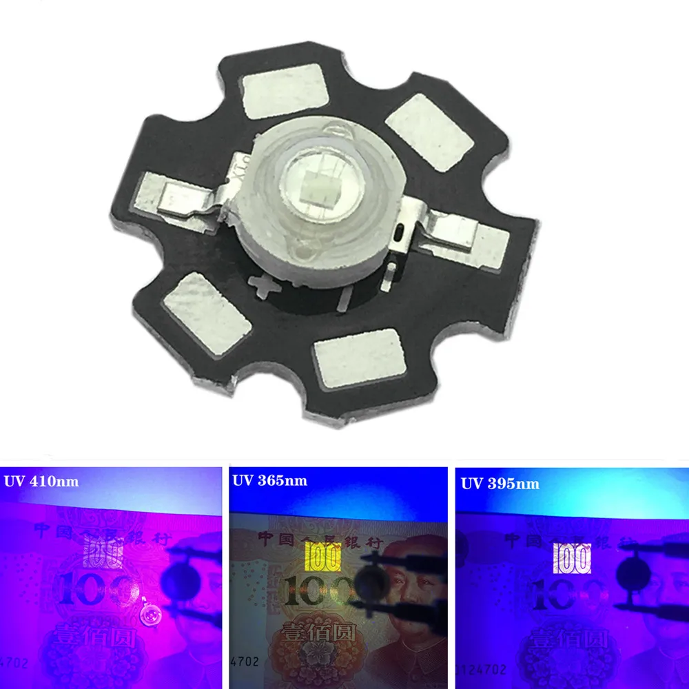 

50pcs 3W High Power LED UV Light Chip 365nm 375NM 385nm 395nm 400nm 415nm 425nm Ultra Violet with 20mm star pcb DIY