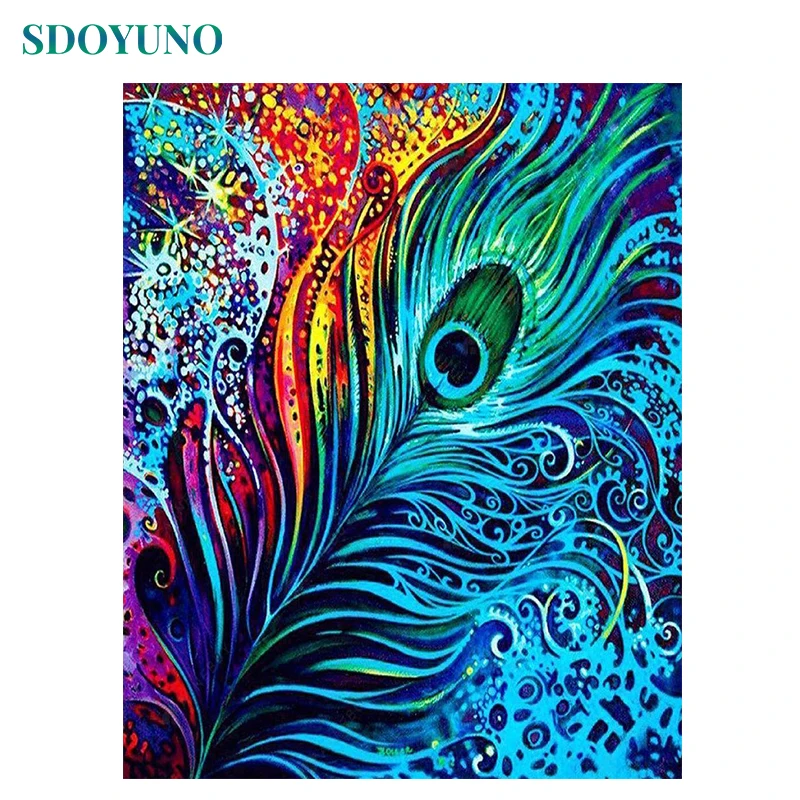 

SDOYUNO Oil Painting By Numbers Feather 60x75cm DIY Paint By Numbers On Canvas Animals Handpaint Frameless Home Decor Wall Art