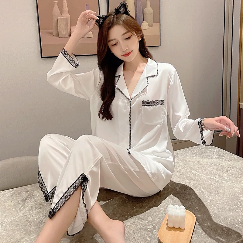 

White Faux Silk 2PCS Pajamas Suit Women Lace Home Wear Spring Autumn New Casual Nightwear Full Sleeve Shirt Split Pant Sleepwear