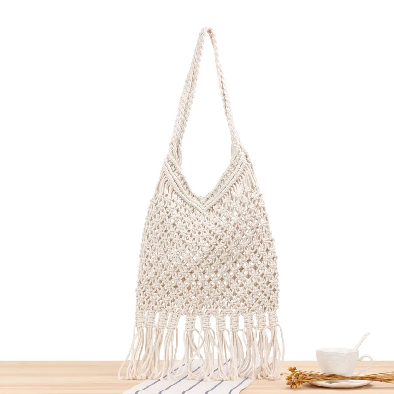 Hollow Hand Woven Mesh Tassel Shoulder Beach Straw Bag Trendy Female Summer Handbags